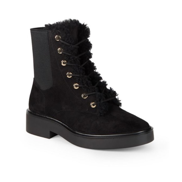 New Stuart Weitzman Henley Chill Suede & Shearling Combat Boots Size 35.5